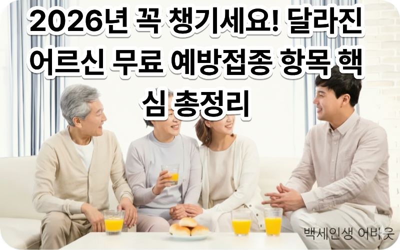[어르신 무료 예방접종 항목] 안내 포스터를 배경으로 건강하게 미소 짓는 시니어 부부