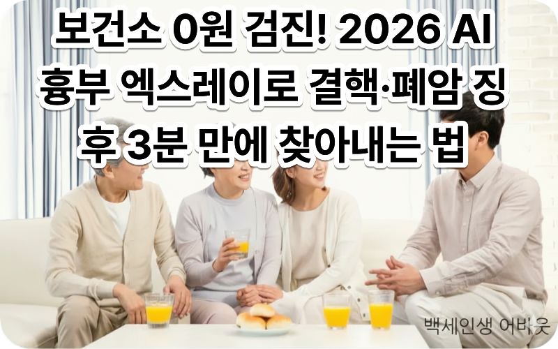 [2026 원격 판독 AI 흉부 엑스레이] 검진 후 결과를 확인하며 안심하는 시니어와 자녀의 모습. (시각장애인을 위해: 보건소 로고가 보이는 밝은 실내에서 따뜻한 조명을 받으며 두 사람이 서로를 바라보고 있으며, 화면 상단에 검진 항목이 텍스트로 묘사됨)