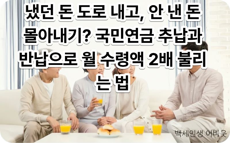 [국민연금 추납과 반납] 제도를 활용해 노후 자금을 설계하는 행복한 노부부의 모습. 시각장애인을 위해 설명하자면, 깨끗한 거실에서 부부가 나란히 앉아 연금 공단의 안내 책자를 보며 밝은 미래를 계획하는 따뜻한 사진입니다.
