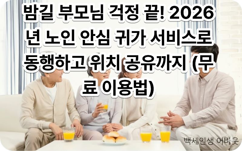 [노인 안심 귀가 서비스]를 이용해 안전하게 밤길을 걷는 어르신과 대원의 모습. 시각장애인을 위해 설명하자면, 가로등 불빛 아래에서 스카우트 대원이 어르신의 장바구니를 대신 들어주며 집 앞까지 동행하는 훈훈한 장면입니다.