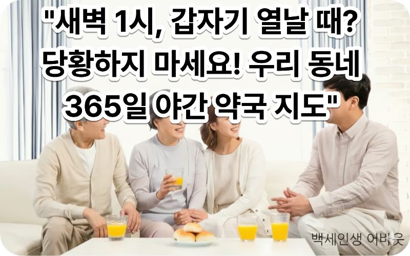 [어르신 전용 공공 야간 약국 지도] 밤늦게 운영 중인 약국을 스마트폰으로 검색하는 장면. 시각 장애인을 위해 지도상의 약국 표시와 밝게 빛나는 간판의 시각적 대비를 상세히 설명함.