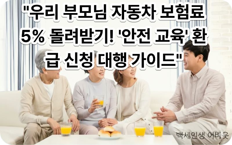 [시니어 자동차 보험료 환급] 교육 이수 후 보험료 할인을 받고 기뻐하는 고령 운전자의 모습. 시각 장애인을 위해 따뜻한 햇살 아래 안전운전 중인 어르신의 표정과 계좌로 입금되는 환급금 이미지를 상세히 설명함.