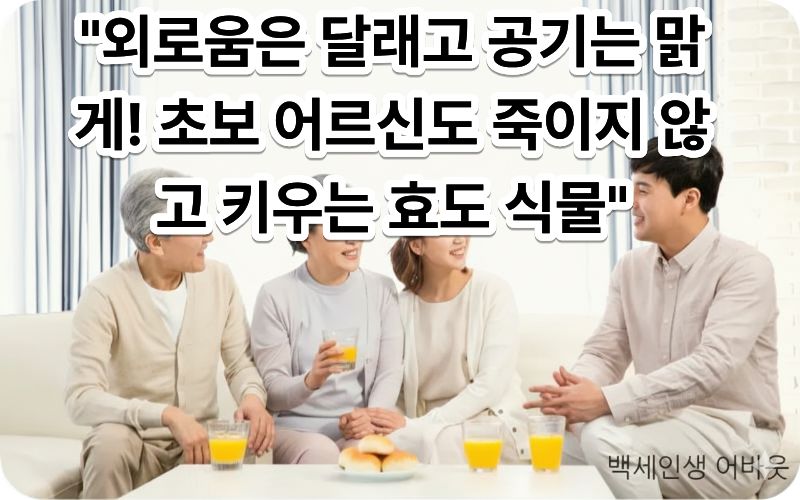 [시니어 반려식물 키우기]를 통해 정서적 안정을 찾는 어르신의 모습. 시각 장애인을 위해 거실 창가 햇살 아래 싱싱한 스킨답서스와 산세베리아 화분을 돌보는 어르신의 인자한 표정을 상세히 설명함.