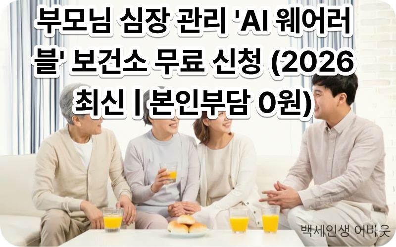 [AI 기반 부정맥 심부전 조기 탐지 서비스] 자막과 함께 어르신이 손목에 착용된 보건소 지원 스마트워치를 보여주는 모습. 시각 장애인을 위해 설명하자면, 첨단 기술과 복지가 결합된 따뜻한 시니어 케어 현장입니다.