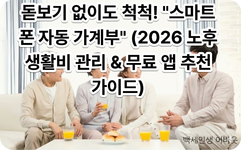 [무료 가계부 앱 활용] 문구와 함께 디지털 도구로 자산을 관리하는 시니어의 모습. 시각 장애인을 위해 설명하자면, 복잡한 계산 없이 편리하게 생활비를 관리하며 경제적 자신감을 얻은 노년의 일상을 묘사했습니다.