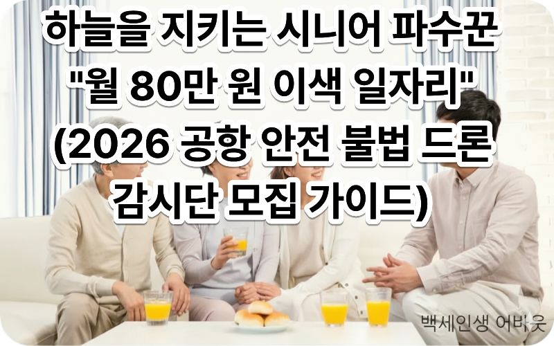 [공항 안전 불법 드론 감시단] 문구와 함께 드론 비행 통제구역을 순찰하는 시니어 요원의 모습. 시각 장애인을 위해 설명하자면, 은퇴 후에도 국가 안전을 위해 기여하는 시니어의 당당한 사회 참여 현장을 묘사했습니다.