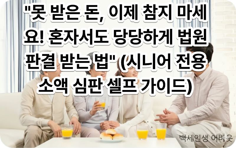 [시니어 전용 소액 심판 셀프 가이드] 문구가 포함된 이미지. 시각 장애인을 위해 설명하자면, 시니어 채권자가 스스로 소송 서류를 준비하며 법적 권리를 되찾기 위해 노력하는 희망찬 모습입니다.
