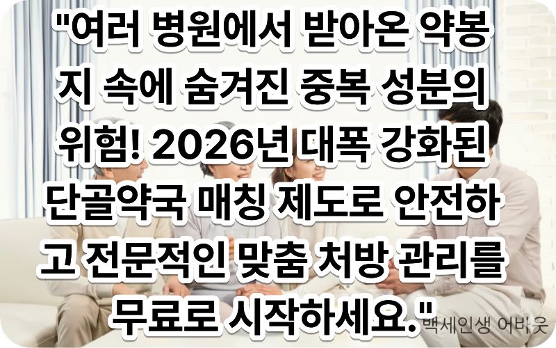 [만성 질환 시니어를 위한 약물 중복 복용 방지 고령자 단골약국 제도]를 신청한 한 인자한 인상의 어르신이 약사 가운을 입은 전문 약사에게 자신이 먹는 여러 종류의 알약 통들을 보여주며 상담을 받고 있고, 약사는 모니터 화면의 약물 상호작용 분석 시스템을 가리키며 꼼꼼하게 설명하고 있는 모습 (시각 장애인을 위해 테이블 위에 놓인 다양한 색상의 약병들과 상담에 집중하고 있는 약사와 어르신의 신뢰감 넘치는 표정을 정교하게 묘사함)